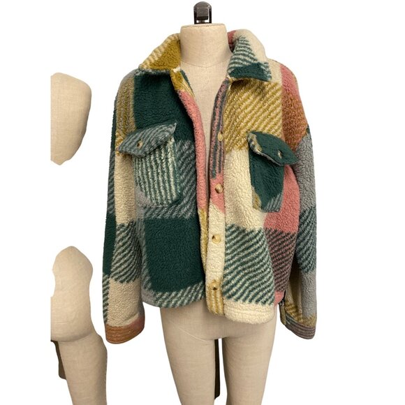 Thread Supply Multi Check Plaid Sherpa Jacket Girls Large Pastel Colors Fall S - Picture 1 of 14